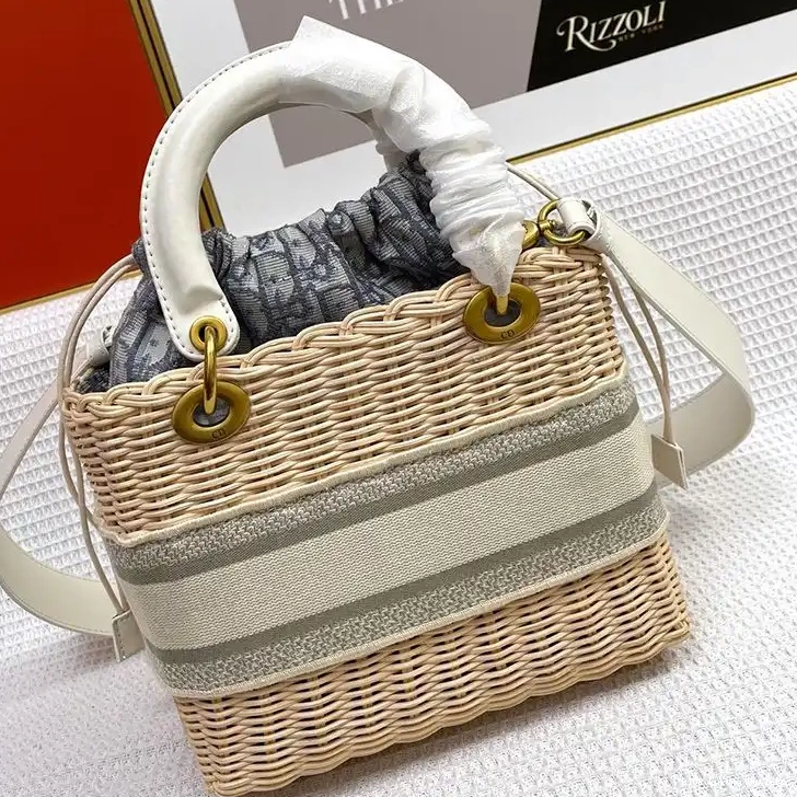 Cheap Dior and Grey Wicker Canvas Medium Bag Oblique Motif Lady 0625 Luxury